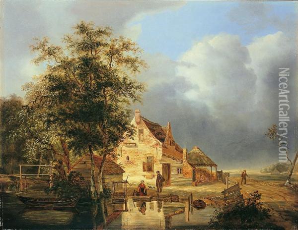 Landschaft Mit Bauernhaus Und Weiher Oil Painting - Pieter Hofmans, Il Giannizzero