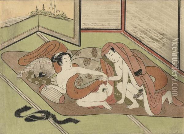 Circa 1768
 A 
Chuban
 Print Showing A Young Man, Being Invited By A Woman, An Older Lover 
Sleeps Under The Blankets, Very Good Impression, Good Colour And 
Condition, Slightly Faded, Some Minor Creases, A Restoration In The Top 
Left Corner Oil Painting - Suzuki Harunobu