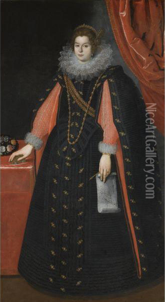 Portrait Of A Lady, Probably 
Maria Maddalena Of Austria, Standingfull Length, Wearing A Black Dress 
With An Ornate Lace Collar Andholding A Drawing Of Mary Magdalene Oil Painting - Justus Sustermans