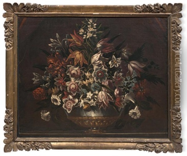 Bouquet De Fleurs Dans Un Vase De Bronze Cercle D'argent, Pose Sur Un Entablement Oil Painting - Francesco Mantovano
