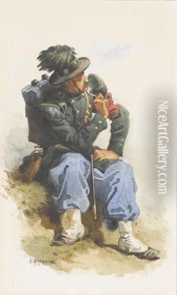 Sitzender Schweizer Soldat Oil Painting - Auguste Bachelin