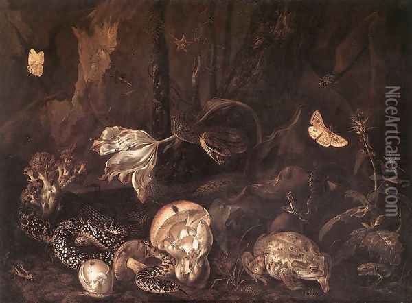 Still-Life with Insects and Amphibians 1662 Oil Painting - Otto Marseus van Schrieck