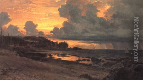 Uvejrsstemning Over Kullen, Solnedgang Oil Painting - Carl Frederik Peder Aagaard