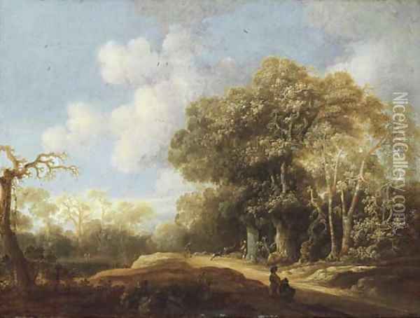 A stag hunt in a wooded landscape Oil Painting - Joris van der Hagen