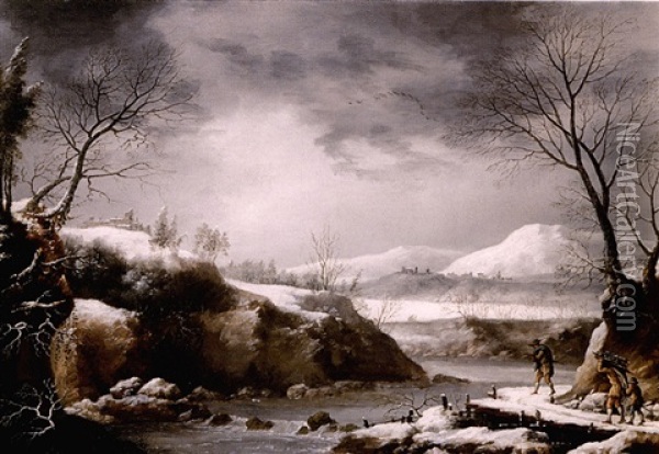 A Winter Landscape With Figures Carrying Wood Beside A River Oil Painting - Francesco Foschi