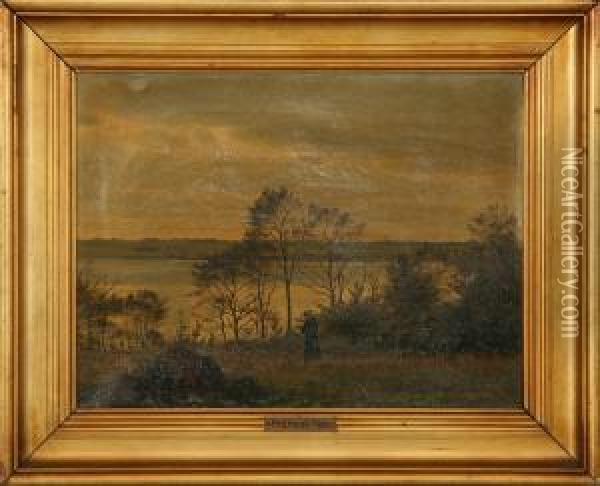 Landscape With Woman At A Lake. Signed H. Foss, Sept. 82 And Indistinct Indication Oil Painting - Harald Foss