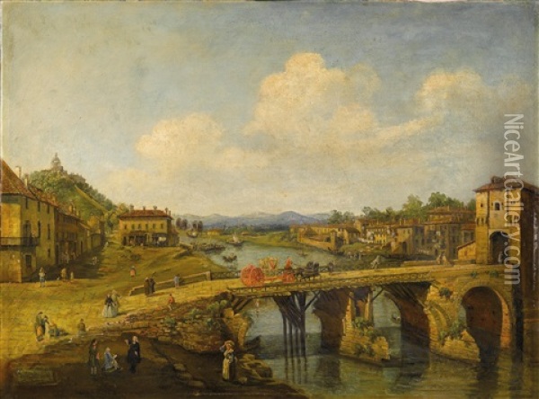 Blick Von Nordosten Auf Die Alte Brucke Uber Den Po In Turin Oil Painting - Bernardo Bellotto