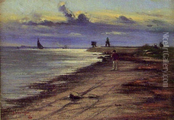 Figurer Pa Strand Vid Hamninlopp Oil Painting - Per Gummeson