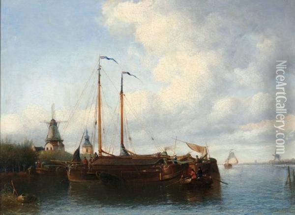 Platbodems Bij Hollands Stadje Oil Painting - Willem Lodewijk Andrea