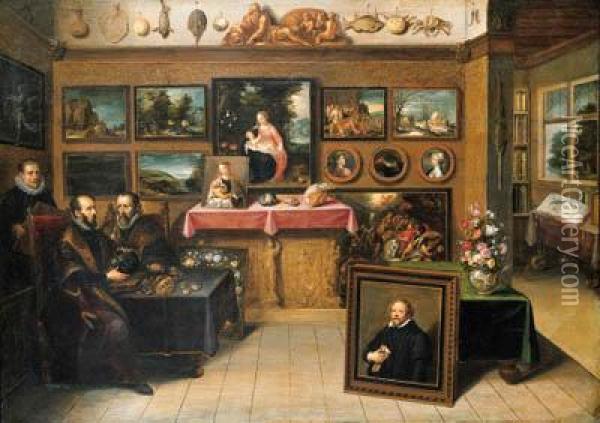 A Collector's Cabinet With Abraham Ortelius And Justuslipsius Oil Painting - Frans II Francken