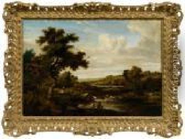Landscape With Two Fishermen On A River Bank Oil Painting - Thomas Creswick