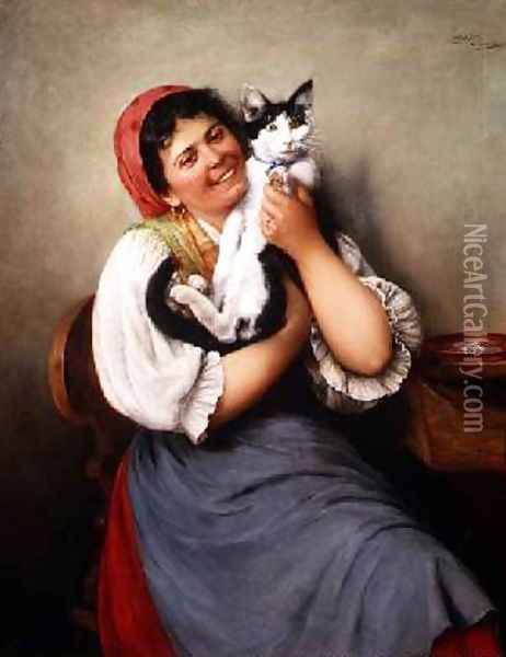 Her Favourite Cat Oil Painting - Ludwig Kohrl