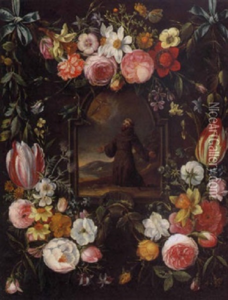 Franz Von Assisi Umgeben Von Blumengirlanden Oil Painting - Daniel Seghers