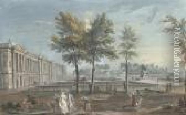 View Of The Place Louis Xv, 
Later Place De La Concorde, Seen From The Champs-elysees, Paris Oil Painting - Jean-Baptiste Lallemand