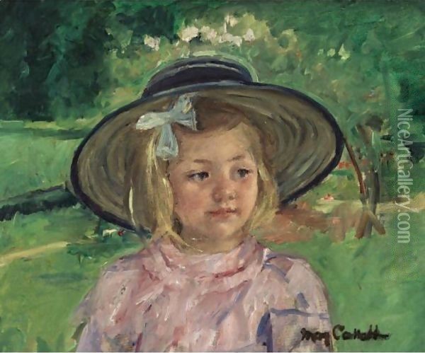 Little Girl In A Stiff, Round Hat, Looking To Right In A Sunny Garden Oil Painting - Mary Cassatt