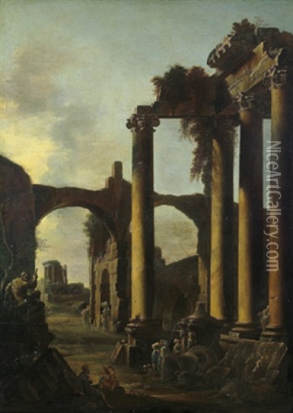 Architetture Con Figure: Romische Ruinen Mit Figuren Oil Painting - Domenico Roberti