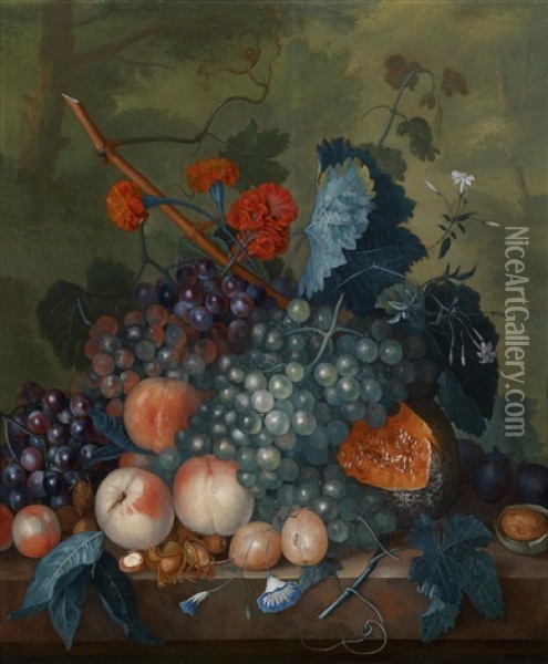 Fruchtestillleben Mit Birnen, Pfirsichen, Trauben, Granatapfeln Und Anderen Fruchten (pair, 1 Oil On Wood) Oil Painting - Jacob van Huysum
