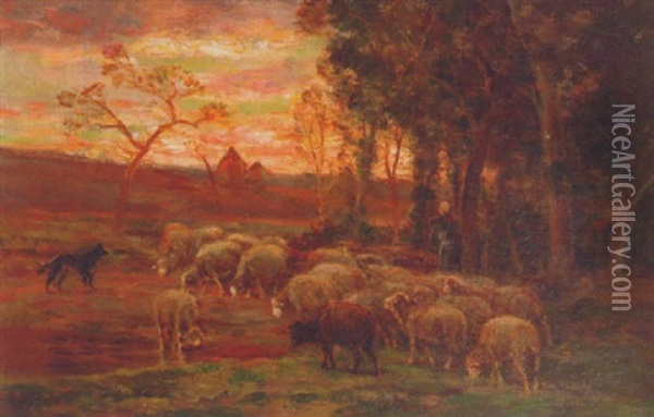 Sheep Grazing At Sunset Oil Painting - James Desvarreux-Larpenteur