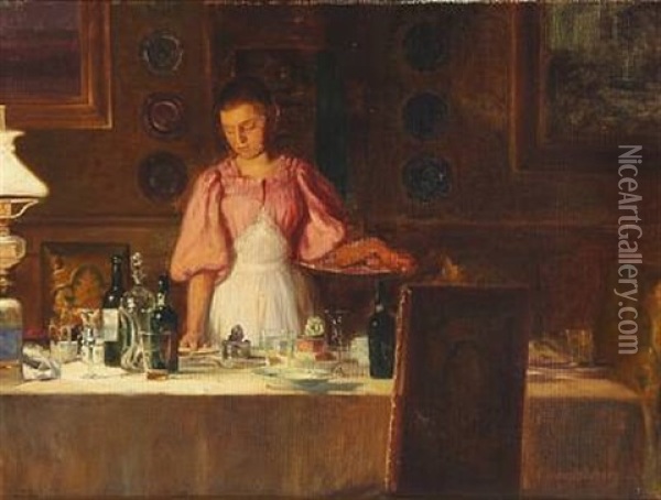The Maid Clears The Table Oil Painting - Cilius (Johannes Konrad) Andersen