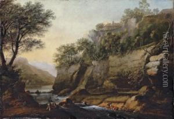 A Mountainous River Landscape With Boys Fishing Oil Painting - William Marlow