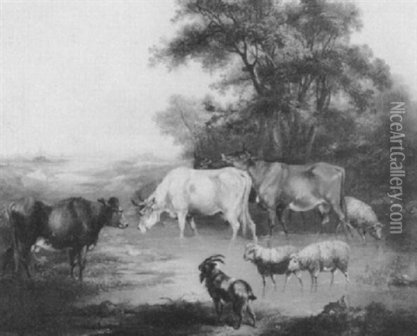 Cattle In A River Landscape Oil Painting - Joseph Horlor