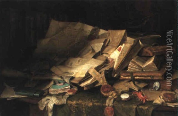 Still Life Of Books And Papers On A Desk Oil Painting - Catherine Mary Wood