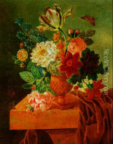 Blumenstrauss In Einer Ornamentierten Tonvase Oil Painting - Johannes Cornelis de Bruyn