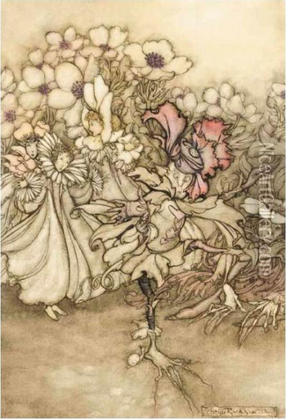 Fairies Disguising Themselves As Flowers Oil Painting - Arthur Rackham