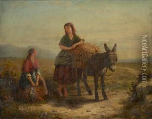Heather Gathererson A Moorland Track, With Donkey Oil Painting - Andrew Sheerboom