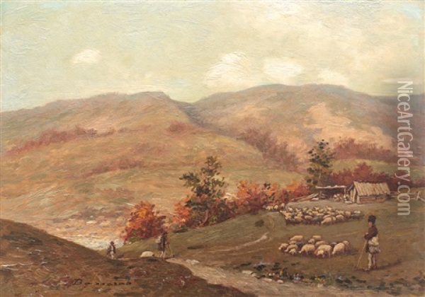 Landscape With Sheep Flock, On Prahova Valley Oil Painting - Ludovic Bassarab