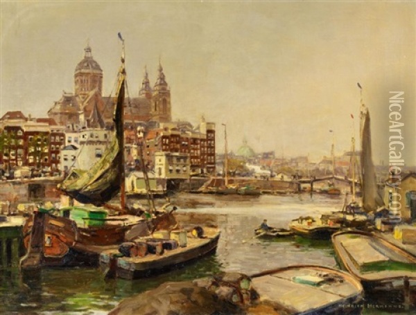 Im Hafen Von Amsterdam Mit Der Sint-nicolaaskerk Oil Painting - Heinrich Hermanns