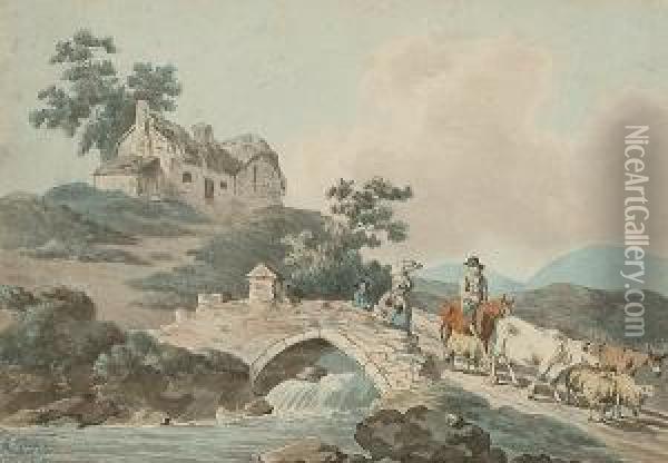 Figures, Cattle And Sheep Crossing A Bridge Oil Painting - Peter La Cave