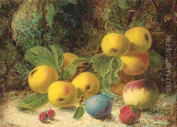 Apples, a peach, a plum and a strawberry, on a mossy bank Oil Painting - Oliver Clare