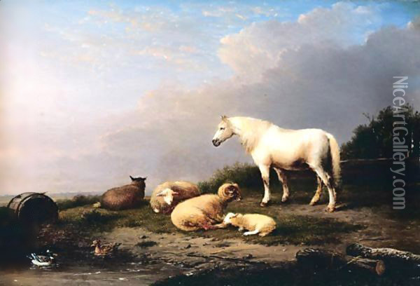 Horse, Sheep And Goat In A Landscape Oil Painting - Franz van Severdonck