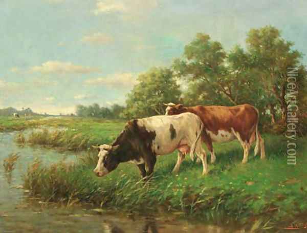 Cows in a meadow Oil Painting - Adriaan Marinus Geijp