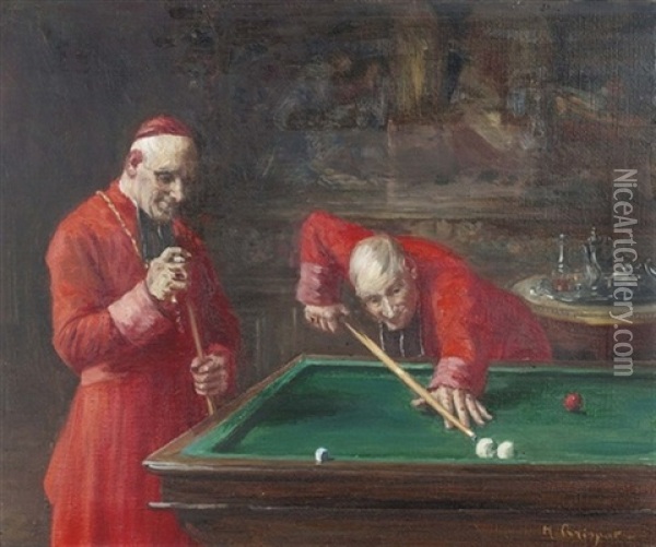 Zwei Billard Spielende Kardinale Oil Painting - Henri Brispot