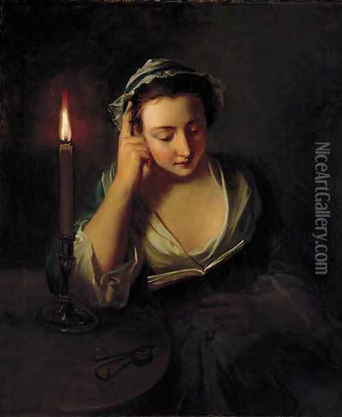 A young girl reading by candlelight Oil Painting - Philipe Mercier