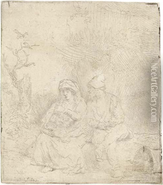 The Rest On The Flight Into Egypt: Lightly Etched Oil Painting - Rembrandt Van Rijn