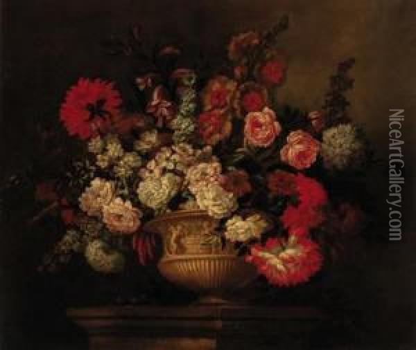 Roses, Lilies, Narcissi, Marigolds And Other Flowers In Asculptured Urn On A Plinth Oil Painting - Pieter Casteels