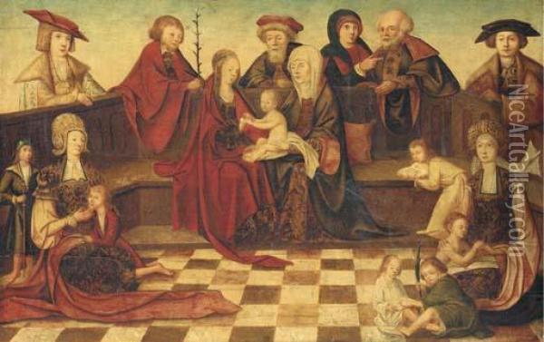 The Holy Kinship, With Donors And Other Figures Oil Painting - Jacob Cornelisz. Van Oostsanen