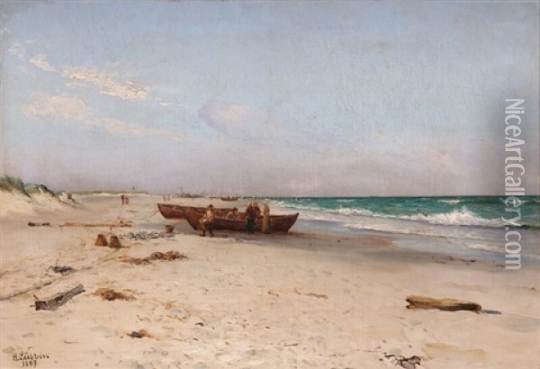 Fishermen And Fishwives Collecting The Catch On The Beach Oil Painting - Holger Luebbers