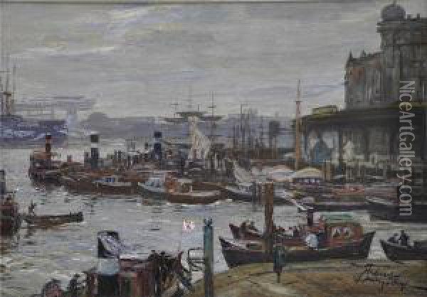 Blick In Denhamburger Hafen. Oil Painting - Alfred Renz