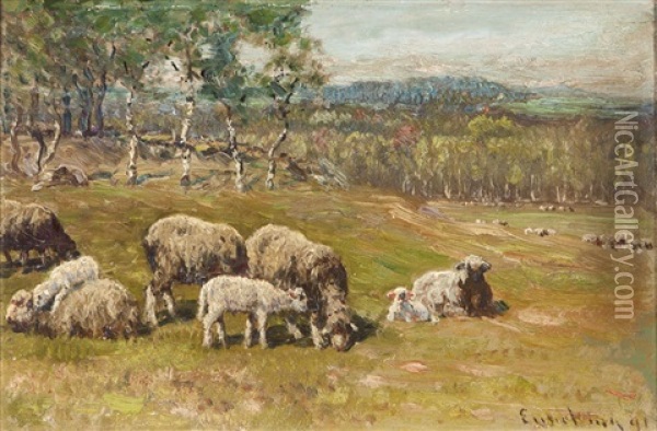 Sheep Grazing In A Landscape Oil Painting - John Joseph Enneking