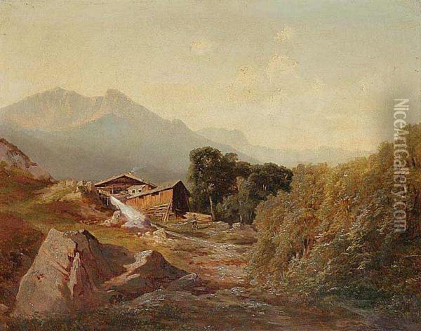 An Alpine Landscape With A House Oil Painting - Maximilian Haushofer
