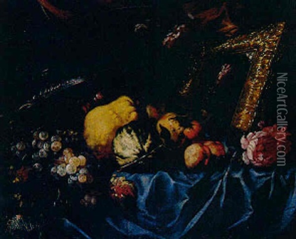 Nature Morte Aux Pommes, Coings, Raisins Et Miroir Oil Painting - Giovanni Paolo Castelli (lo Spadino)