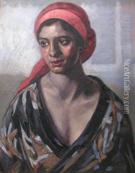 The Red Turban Oil Painting - Petru Bulgaras