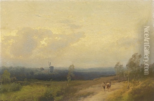 A Panoramic View Of A Landscape With A Windmill Oil Painting - Hermann Herzog