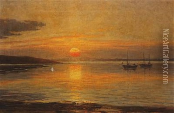 Two Small Ships Lying At Anchor In A Bay In The Sunset Glow Oil Painting - Niels Frederik Schiottz-Jensen