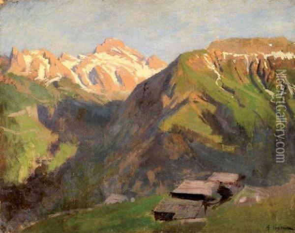 Pointe Percee, Effet Du Soir, Reposoir Oil Painting - Albert Lugardon