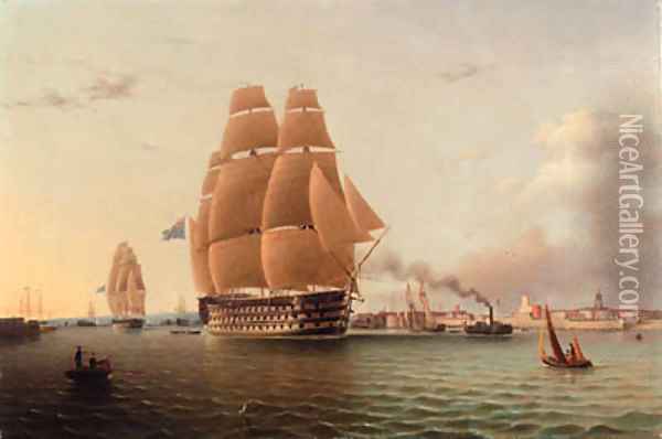 H.M.S. Queen and other Shipping in Portsmouth Harbour Oil Painting - Robert Strickland Thomas